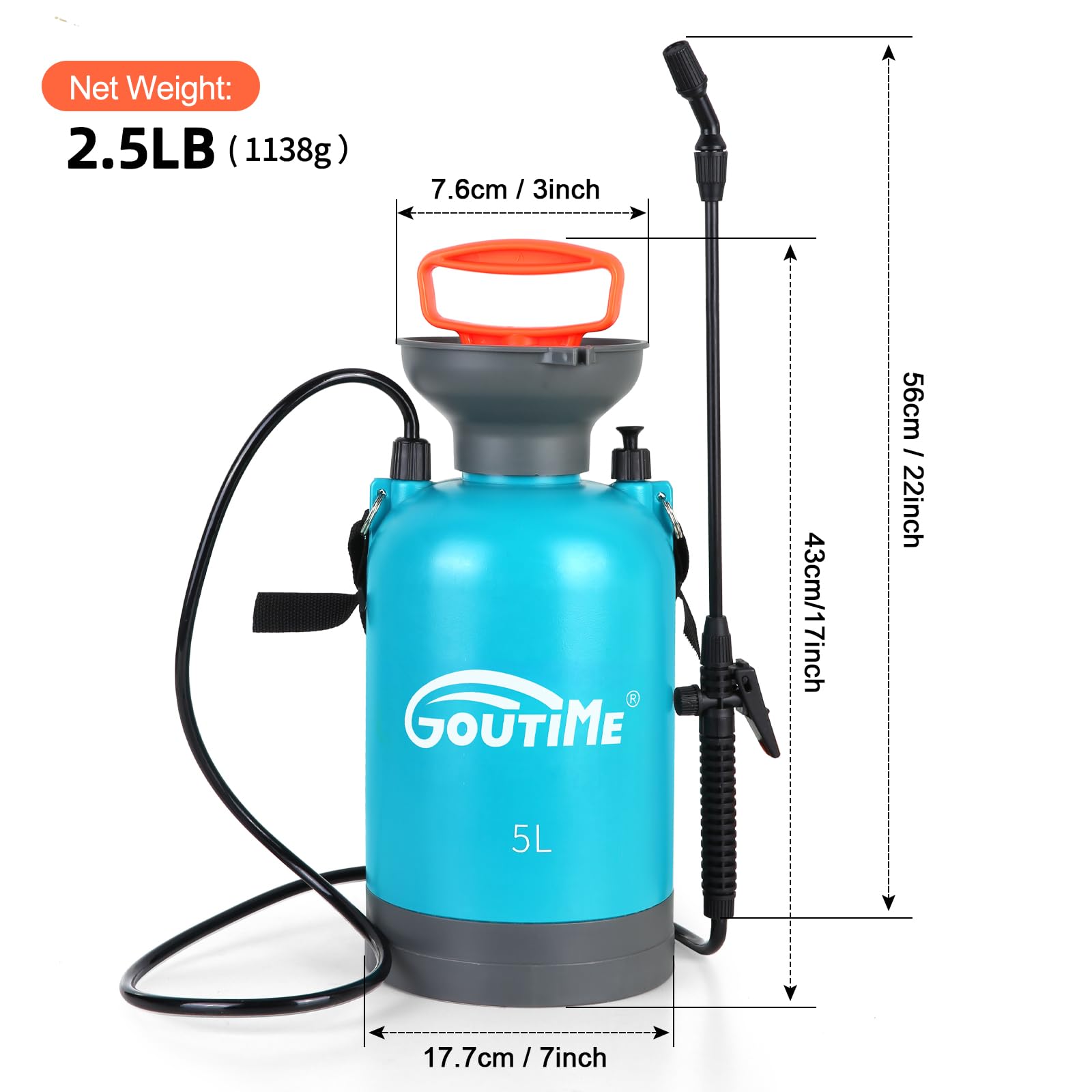 Goutime® Goutime 5L Drucksprüher, säurebeständiges Drucksprühgerät mit Überdruckventil, verstellbare Düsen & 1,3m Schlauch, Unkrautspritze Schaumsprüher für Garten, Unkrautvernichtung & Pflanzenpflege