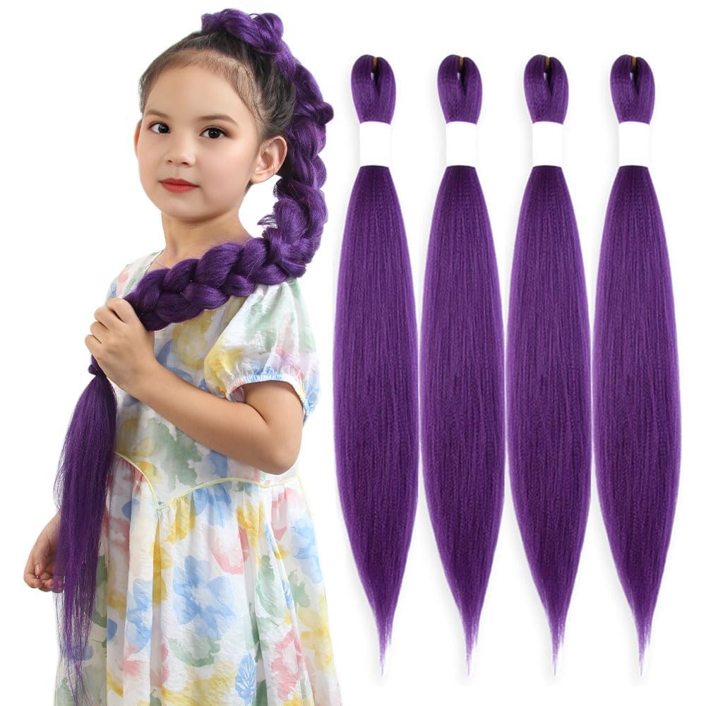 Purple Hair Extensions 30 Inch 4 Packs, Long Pre Stretched Braiding Hair for Kids Braids, Dark Purple Synthetic Fiber total 60 Inch 30 Inch (Pack of 4) Dark Purple