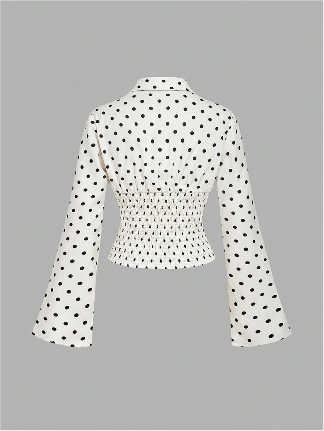 MakeMeChic Women's Business Polka Dots V Neck Blouse Tie Front Bell Sleeve Fitted Tops - Image 2