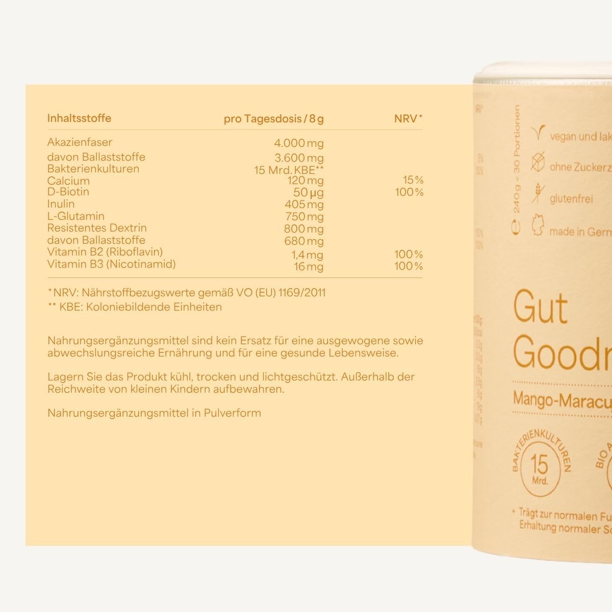célv Gut Goodness | Mango/Maracuja Getränkepulver für ein gutes Darmgefühl, Pulver 15 Mrd. KBE Darmbakterien | Made in Germany | 30 Portionen