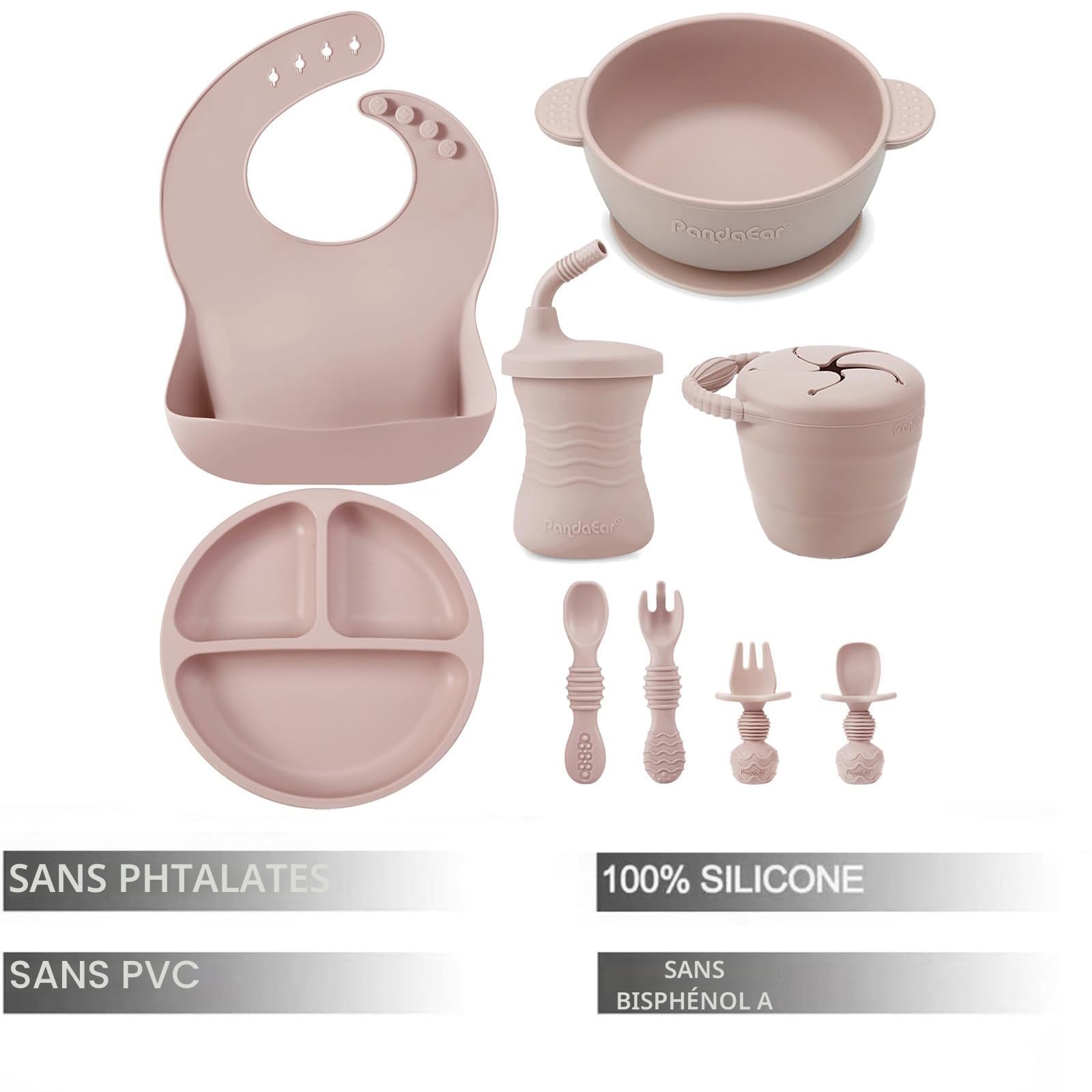 PandaEar Set De Vaisselle En Silicone Pour Bébé | 9 Pièces | Assiette Avec Ventouse, Bol, Bavoir En Silicone, Gobelet D'Apprentissage, Cuillères Pour Bébé (Rose)