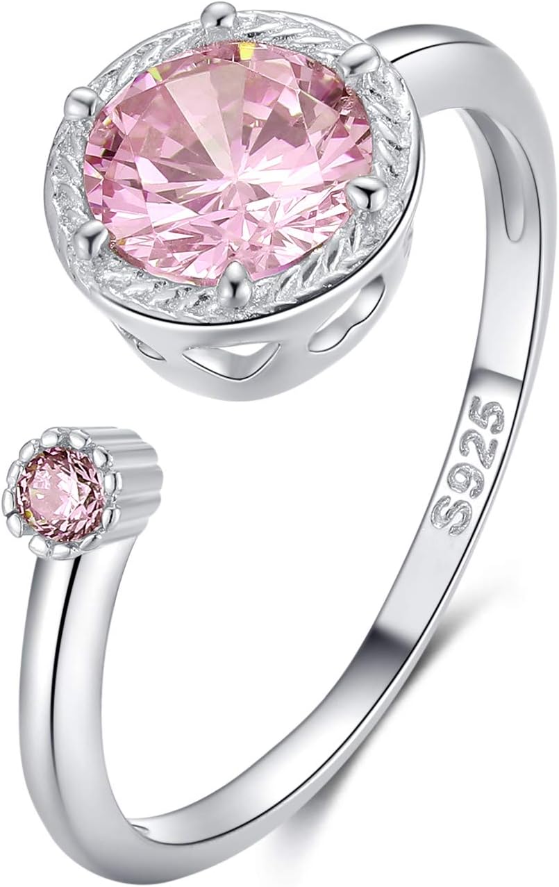 Presentski 925 Sterling Silver Dainty Birthstone Ring Adjustable Birthstone Gemstone Open Rings Birthday Gift for Women