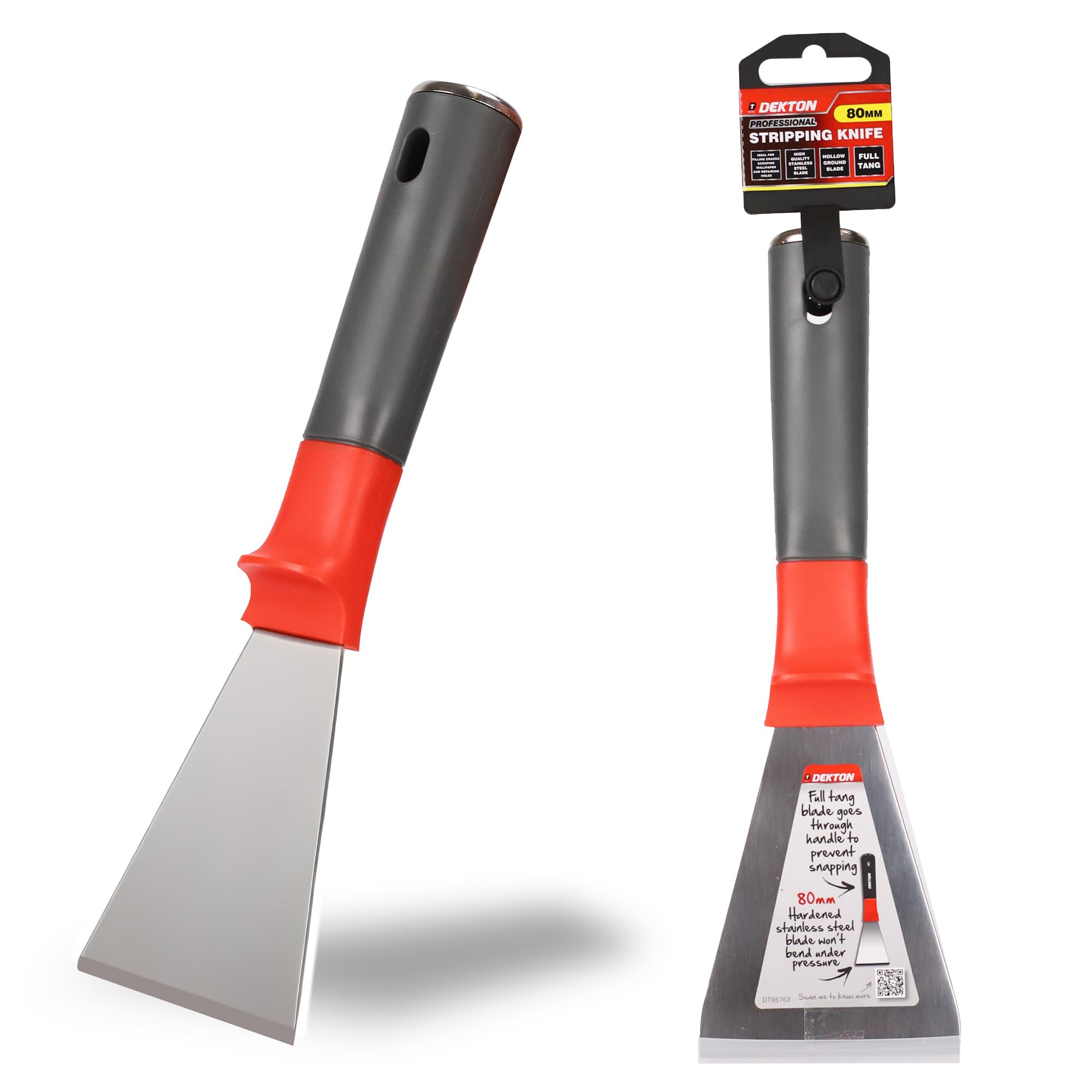 DEKTON Stripping Knife 80mm, 1.8mm - Stainless Steel Blade with Ergonomic Rubber Grip Handle for Filling Cracks, Scraping Wallpaper & Repairing Holes