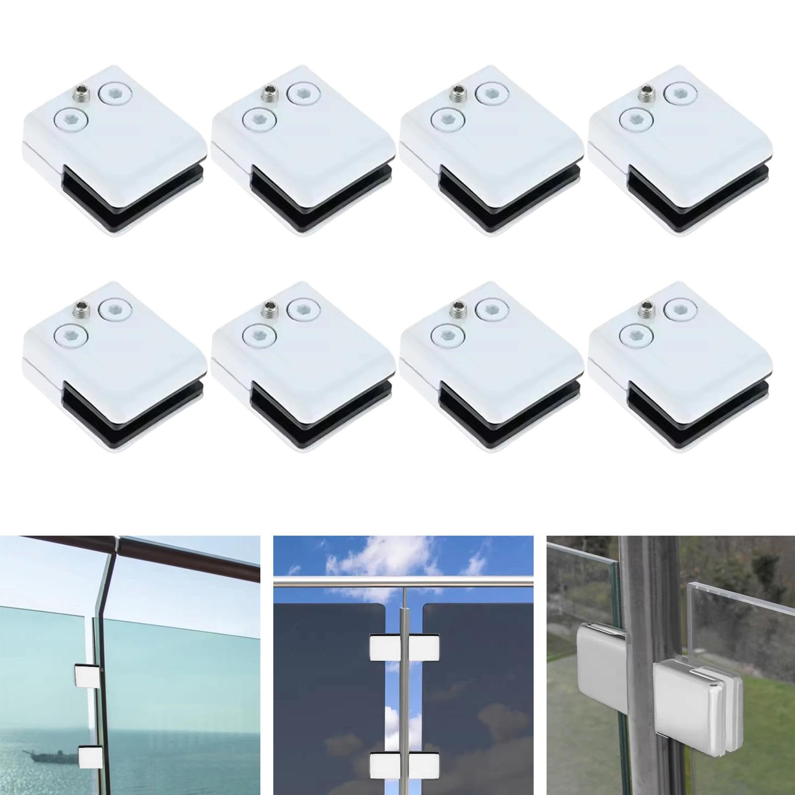 8 Pezzi Morsetto per Vetro, Balaustra, Clip per Vetro, Supporto per Ringhiera in Acciaio Inossidabile, Morsetto in Metallo Adatto per Scale Interne Ed, Bianco