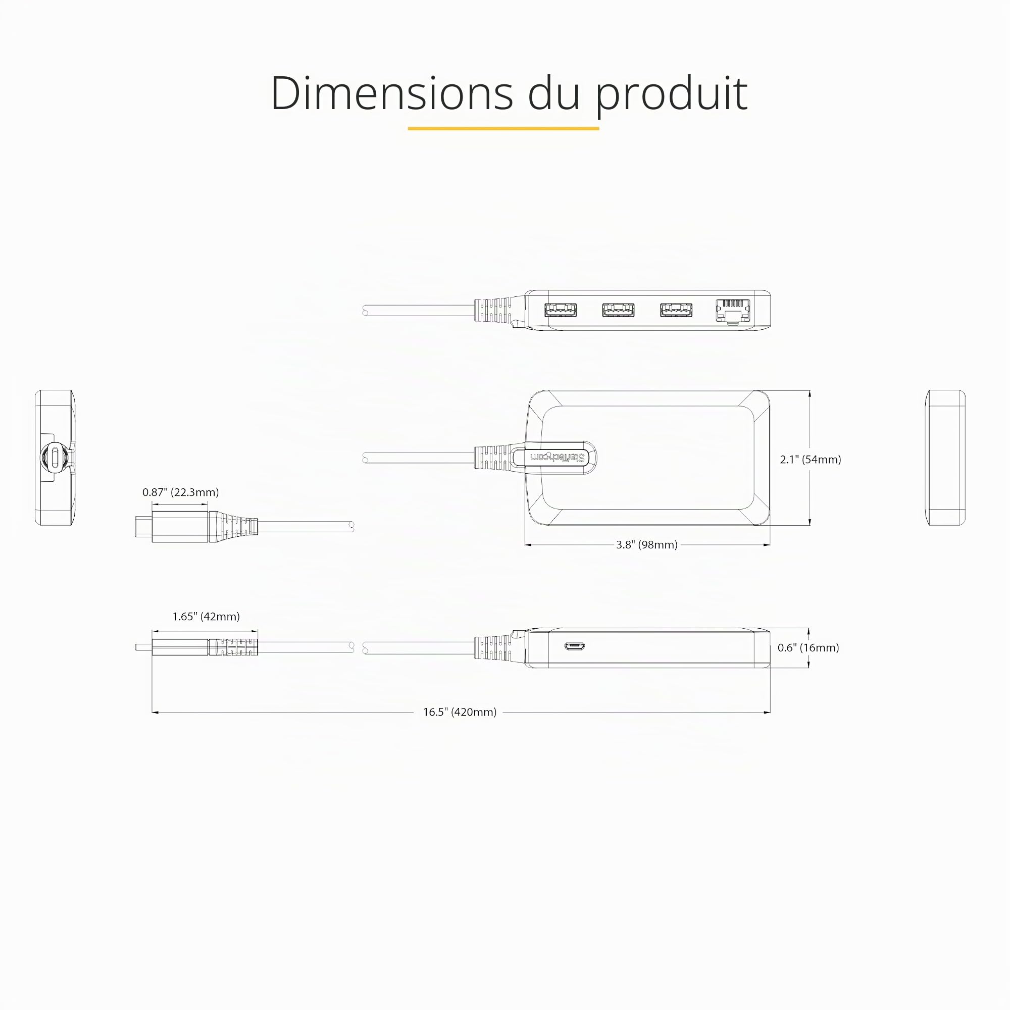 StarTech Hub USB-C 3 Ports, Gigabit Ethernet, 5Gbps, 3X USB-A, 30cm | Station d'accueil, dock, RJ45 GbE, Alimenté par USB, Wake on USB, Mini hub portable
