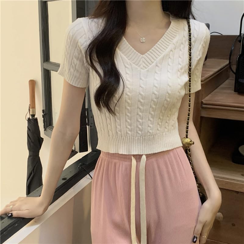Image of ICW Women's Acrylic Knitted Ribbed Half Sleeve V-Neck Self Design Crop Top T-Shirt 128