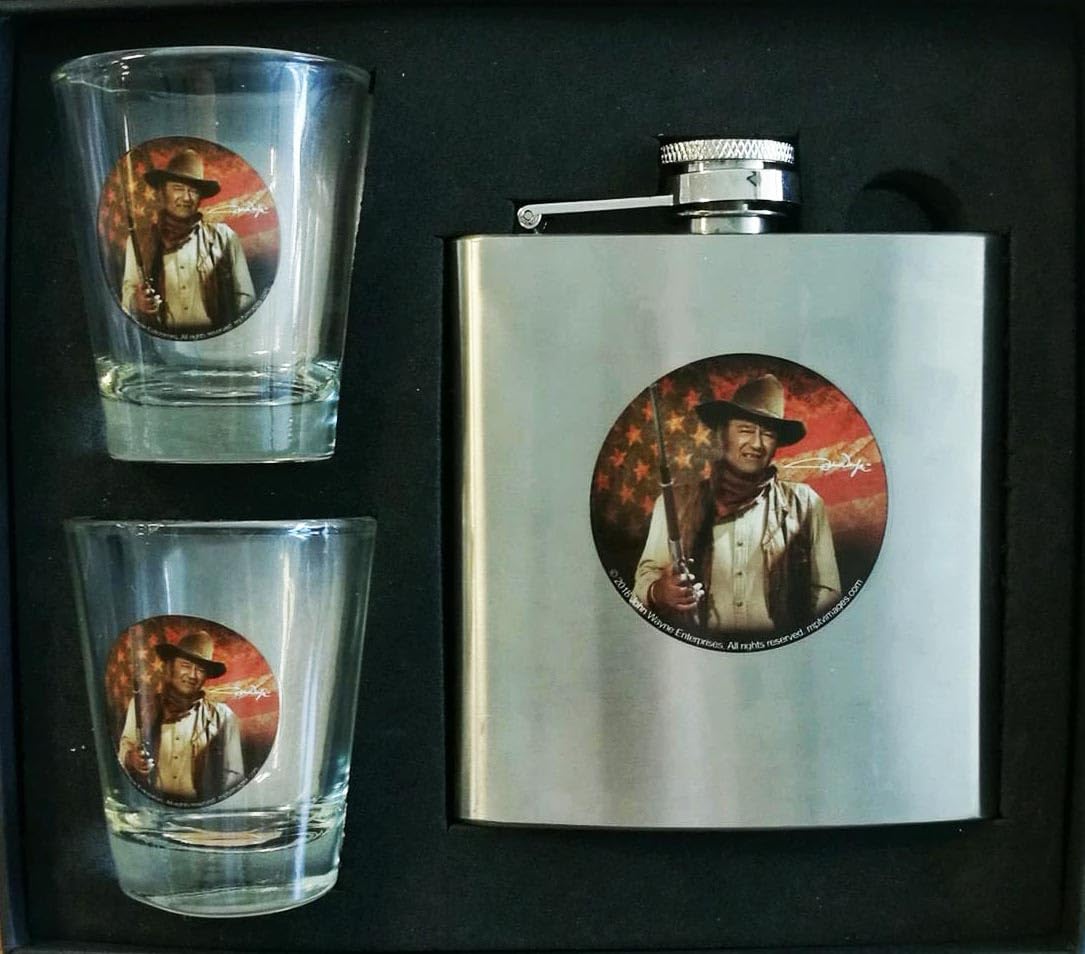 Midsouth Products Silver Mid-South Products John Wayne 3 Pc Flask And Shot Glass Set, 5 Oz Flask With 2 Glasses, Western Gift Set