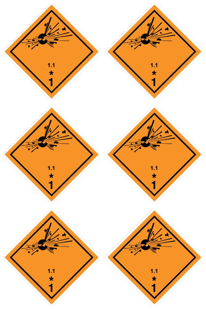 Pictograma de seguridad de la ONU, clase 1.1, explosivo, pictograma de seguridad de las Naciones Unidas, tamaño 5 cm (50 mm), 6 unidades, adhesivos: brillante