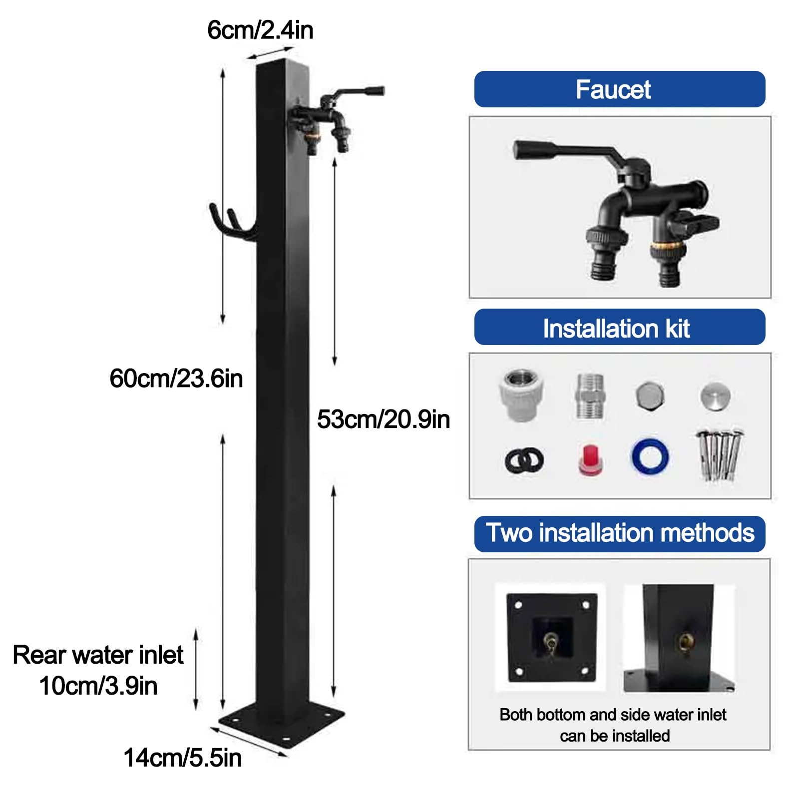 Columna de Agua Vertical de Acero Inoxidable para Jardín, Grifo de Doble Salida, Soporte Independiente para Manguera, Anticongelante, para Lavado y Riego de Autos(60cm/23.6in)