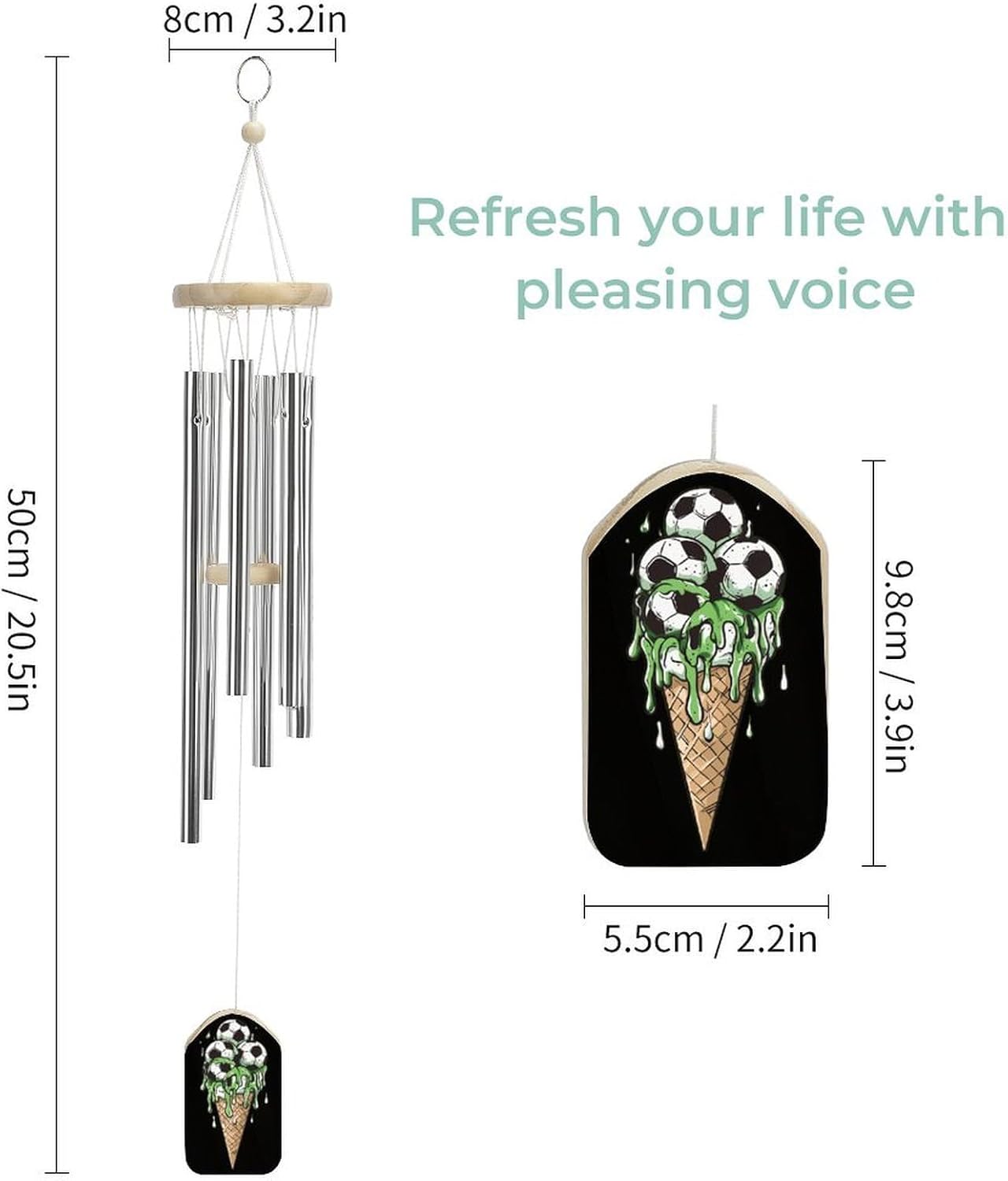 Ice-Cream Soccer Balls Wooden Wind Chimes Deep Tone Memorial Windchime for Outside Garden Home Decoration