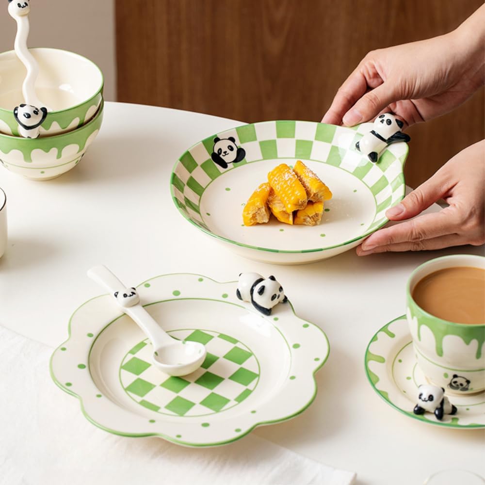 Ceramic Bowl Plate Set Underglaze Tableware Cute Panda Dinner Household Snack Breakfast Dessert Bird'S Nest Salad Fruit Ice Cream Soup Pasta (Cup saucer spoon set)