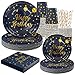 HusDow 20 Invite Assiette Jetable Anniversaire Homme, Vaisselle Jetable Bleu Marine et Or Papier Gobelet Paille Serviette Anniversaire pour Garcon Homme