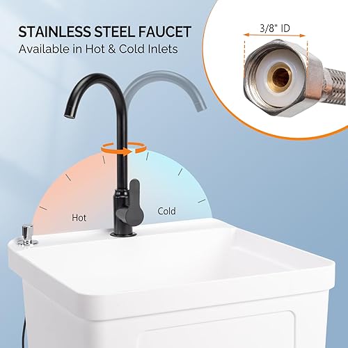 Miniatura 2 de VINGLI Fregadero utilitario para lavadero, fregadero independiente con grifo de acero inoxidable (blanco, 19.7 pulgadas de ancho x 18.9 pulgadas de