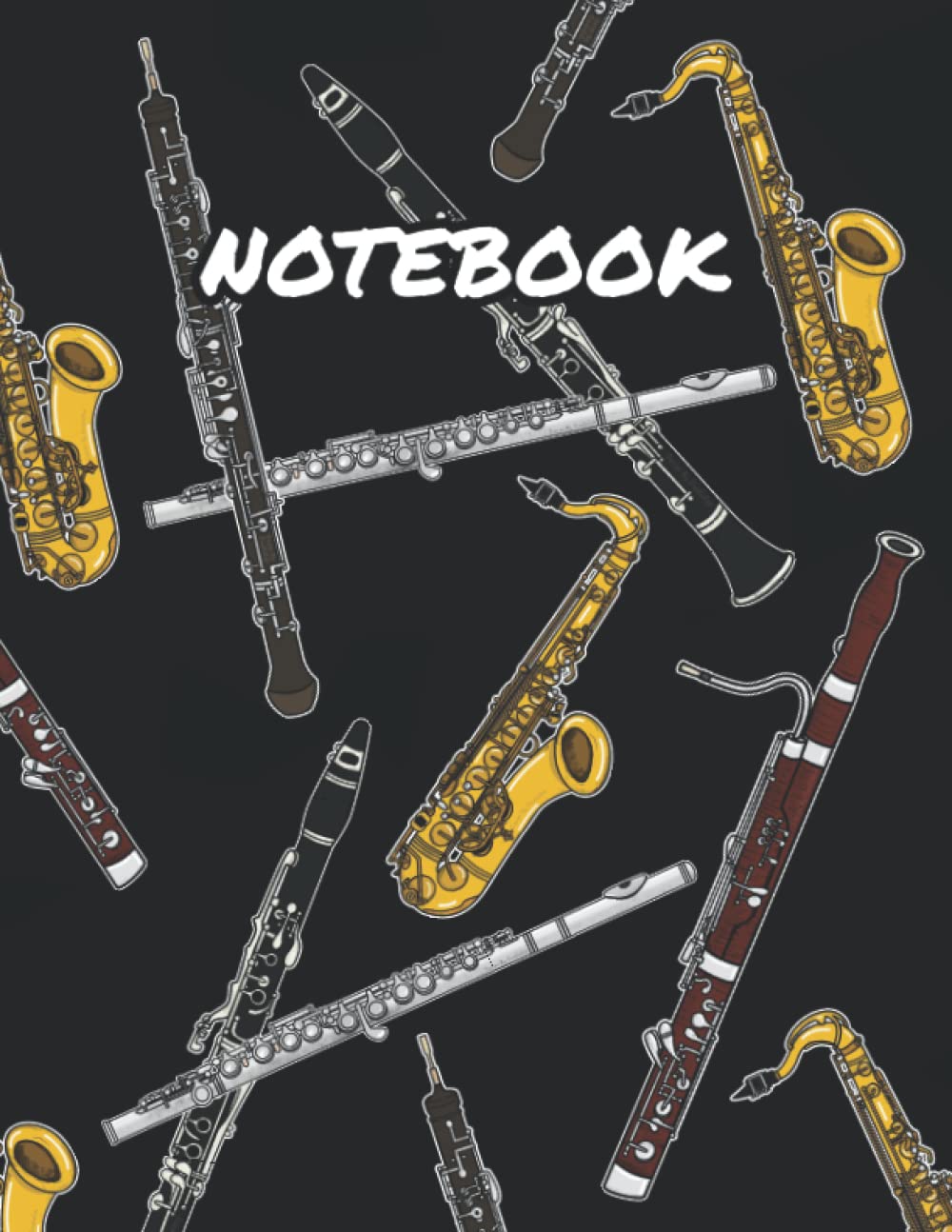 Notebook: Simple Lined Notebook With Woodwind Instruments Cover. Size: 8.5 x 11 inches, 120 Lined Pages. Gift Idea For Saxophone, Flute, Clarinet, Oboe and Bassoon Players, Students and Teachers