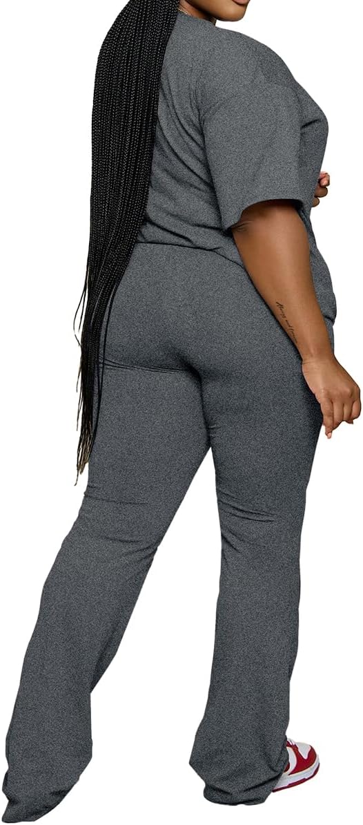 PINSV Womens Plus Size Sets 2 Piece Outfits Casual Short Sleeve Top and Flare Pants Tracksuit - Image 3
