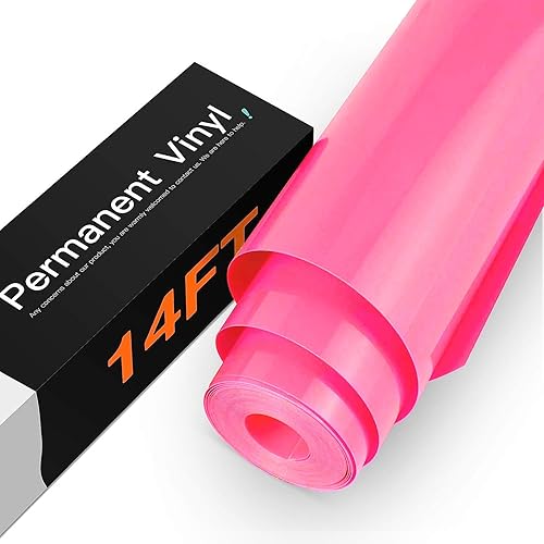 HTVRONT Neon Pink Permanent Vinyl - 12" x 14 FT Glossy Neon Pink Adhesive Permanent Vinyl Roll Compatible with Cricut Cutting Machine, Silhouette, Cameo Cutters, Scrapbooking, Craft, Die Cutters