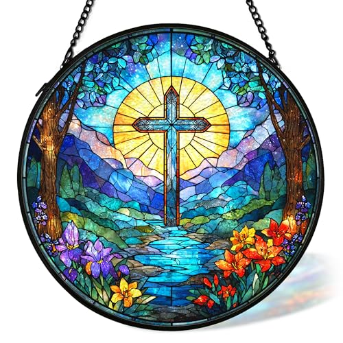 Christian Cross Suncatcher Stained Glass Window Hanging Decor