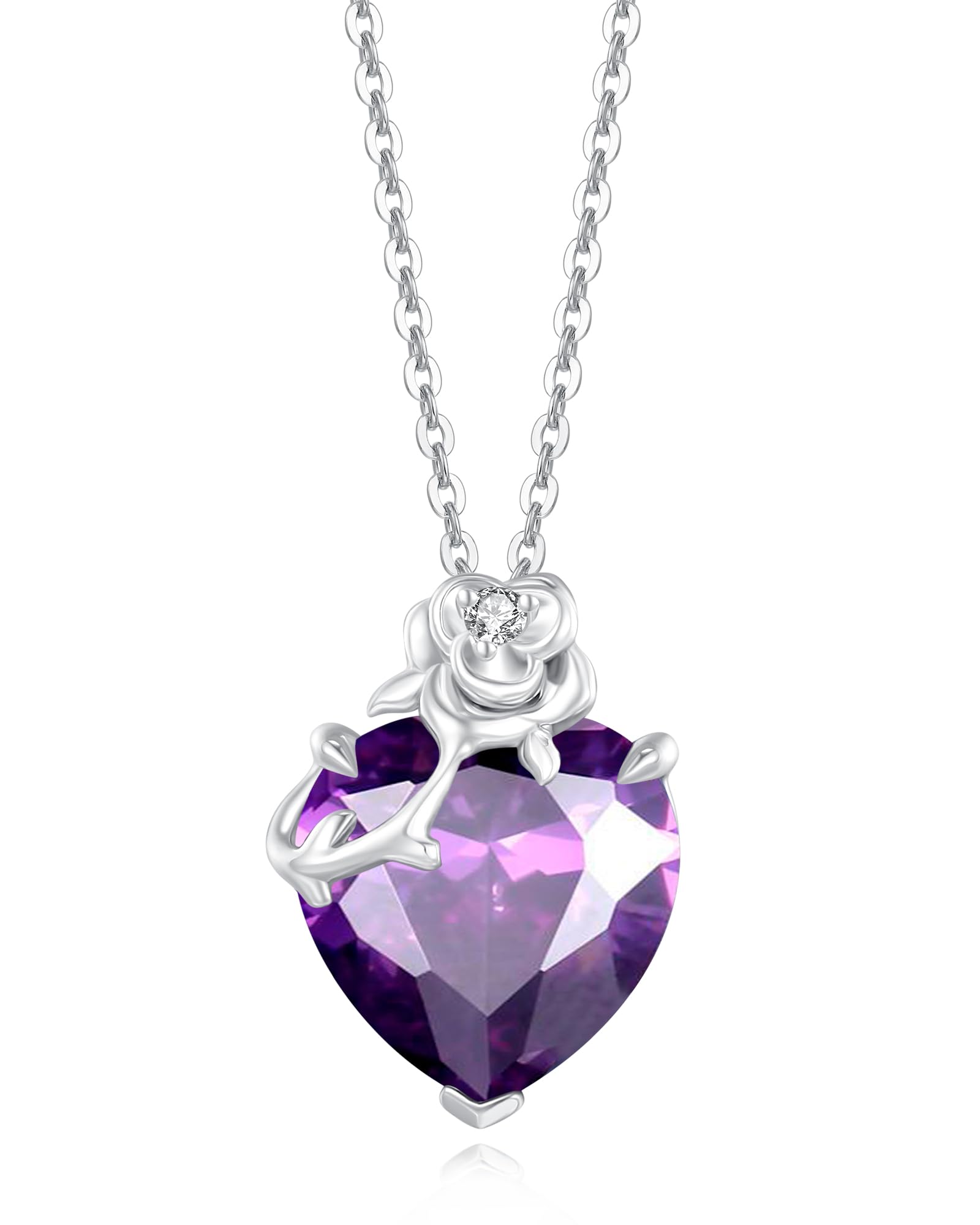 FANCIME 14 Karat Weißgold Rose Anhänger mit Herz & Geburtsstein - Sterlingsilber Kette Weihnachten Feiner Schmuck Geschenk für Damen Frauen