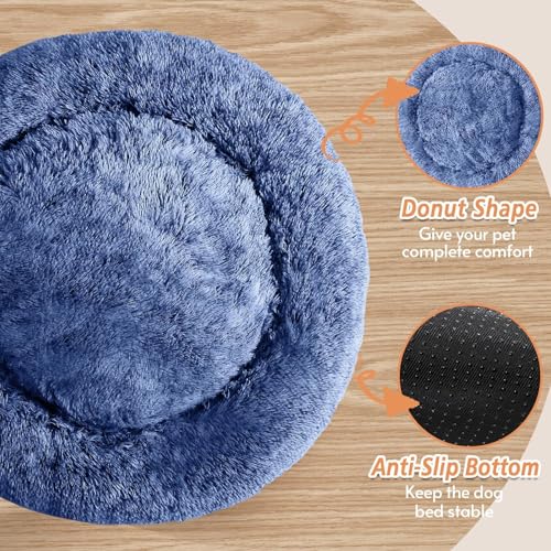 Image of JOLLYVOGUE Calming Dog Bed Medium Size Dog, 31in Donut Washable Medium Pet Bed, Anti-Slip & Anti-Anxiety Fluffy Faux Fur Round Dogs Bed, Fits up to 45 lbs Pets (Navy Blue)