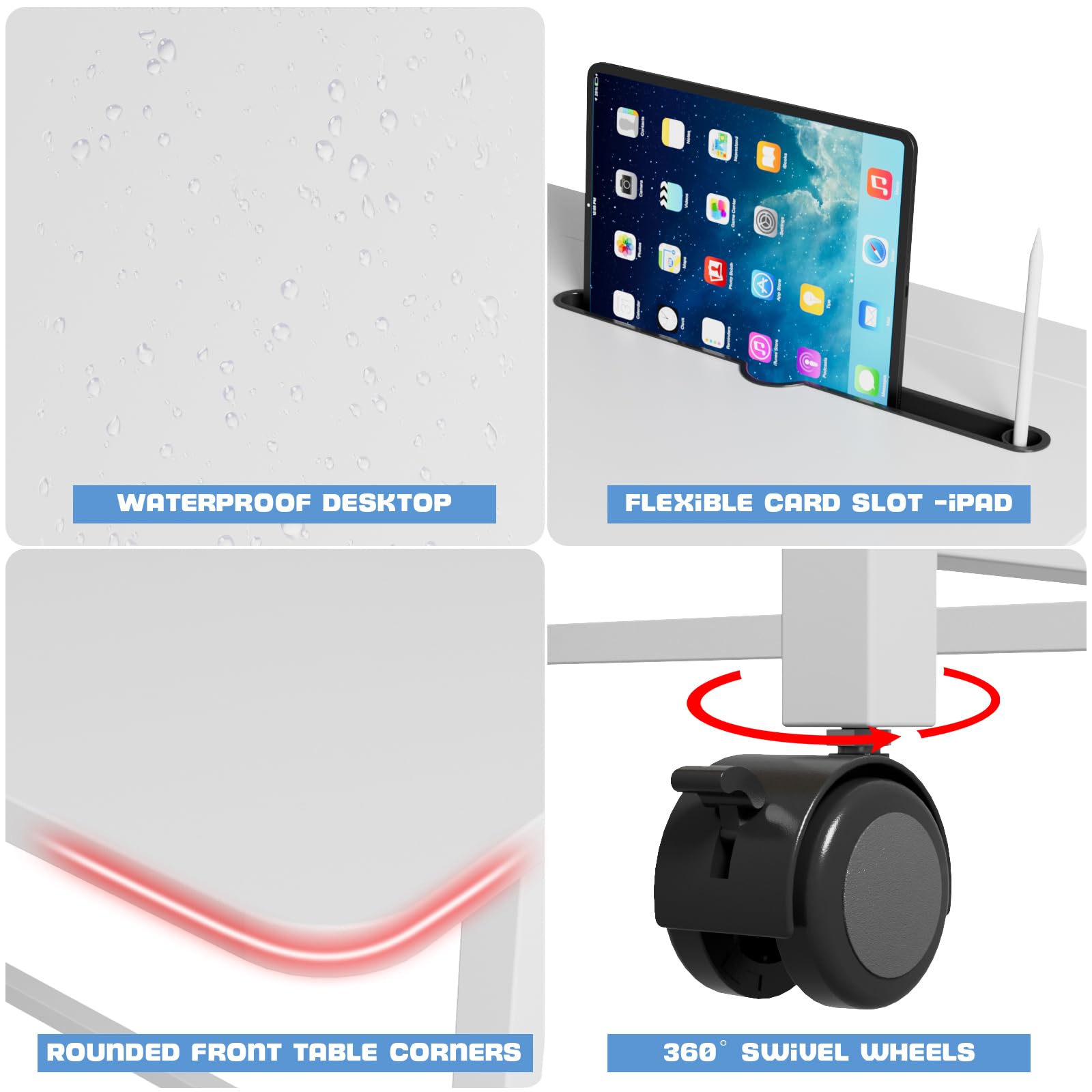 Scrivania Pieghevole Postazione di Lavoro con Ruote, Tavolo Pieghevole Scrivanie per Computer, PC Tavolini Portatili, per Ufficio, Studio, Camera da Letto, Bianco 90x56x75cm