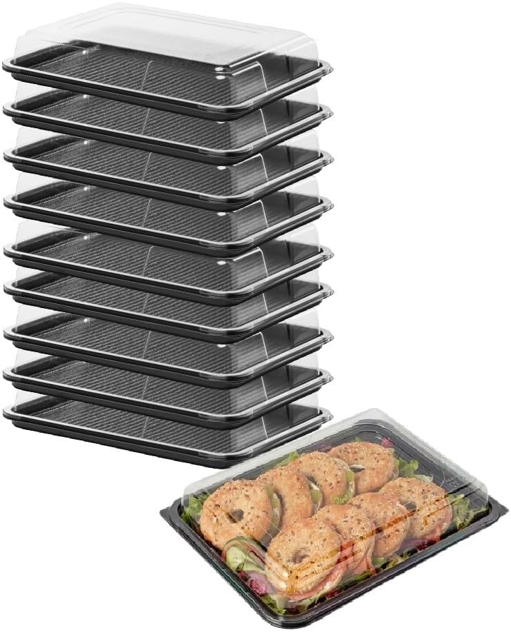 Caterline 10 x Medium Sandwich Platters with Lids | Plastic Black Base Trays for Party Food & Buffets. Reusable & 100% Recyclable