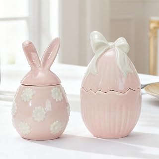 WDS WONDROUS 2-Pack Easter Bunny & Bow Ceramic Jar Candles, Egg Shaped Soy Wax Scented Candles with Daisy and Striped Design, Spring Home Decor Gift Set for Women, Pink Farmhouse Table Centerpiece
