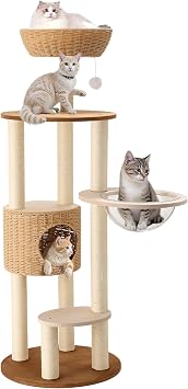 Rattan Cat Climbing Tower Condo with Scratching Post,Capsule,Basket,and Bed Modern Heavy Duty Cat Tree for Indoor Cat Large
