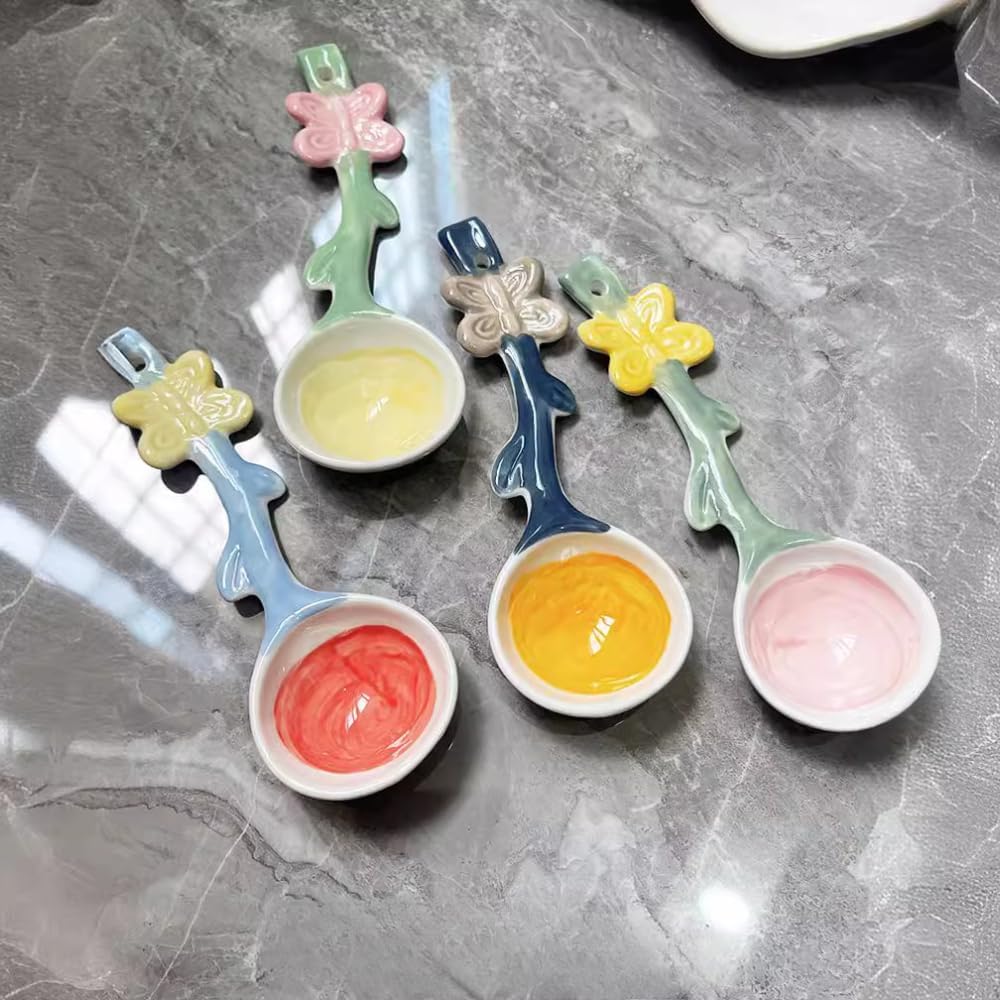 (4 Pieces) Flower Shaped Ceramic Spoon Breakfast Dessert Ice Cream Rice Twisted Candy Color
