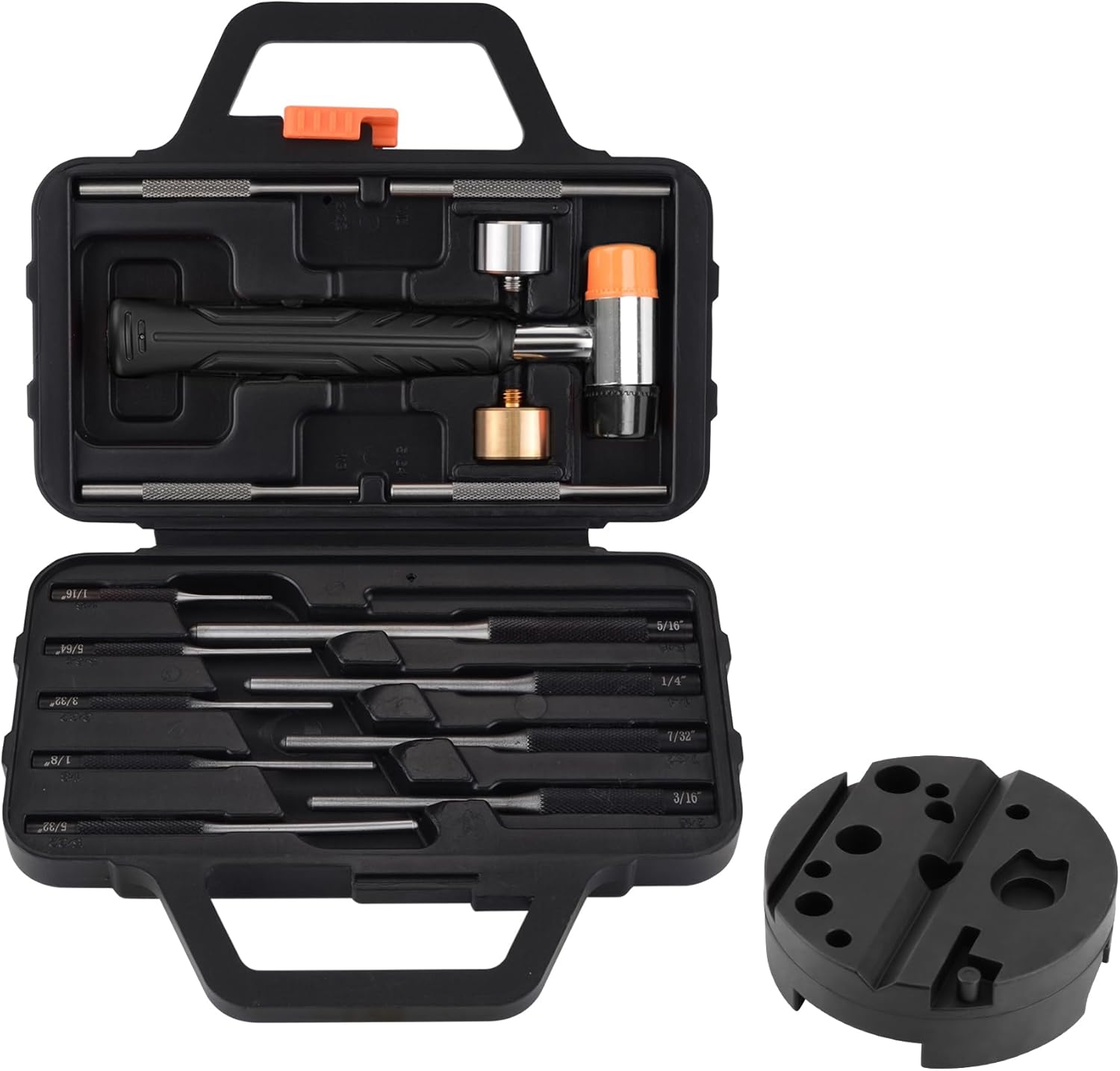 Pridefend Punch Set, Punch Set In Storage Case,Made of Solid Material,Roll Pin Punch Set with 4 Interchangeable Hammer Heads (With Bench Block)