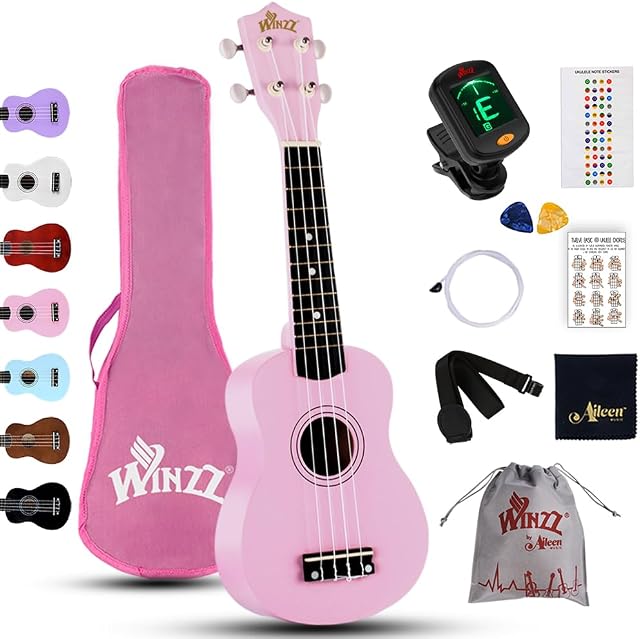 Winzz ukulele sopranowe, zestaw startowy dla początkujących z pokrowcem, urządzeniem do strojenia, dodatkowymi strunami, paskiem, plektronem, naklejkami na próg, arkuszem z chwytami i ściereczką do polerowania