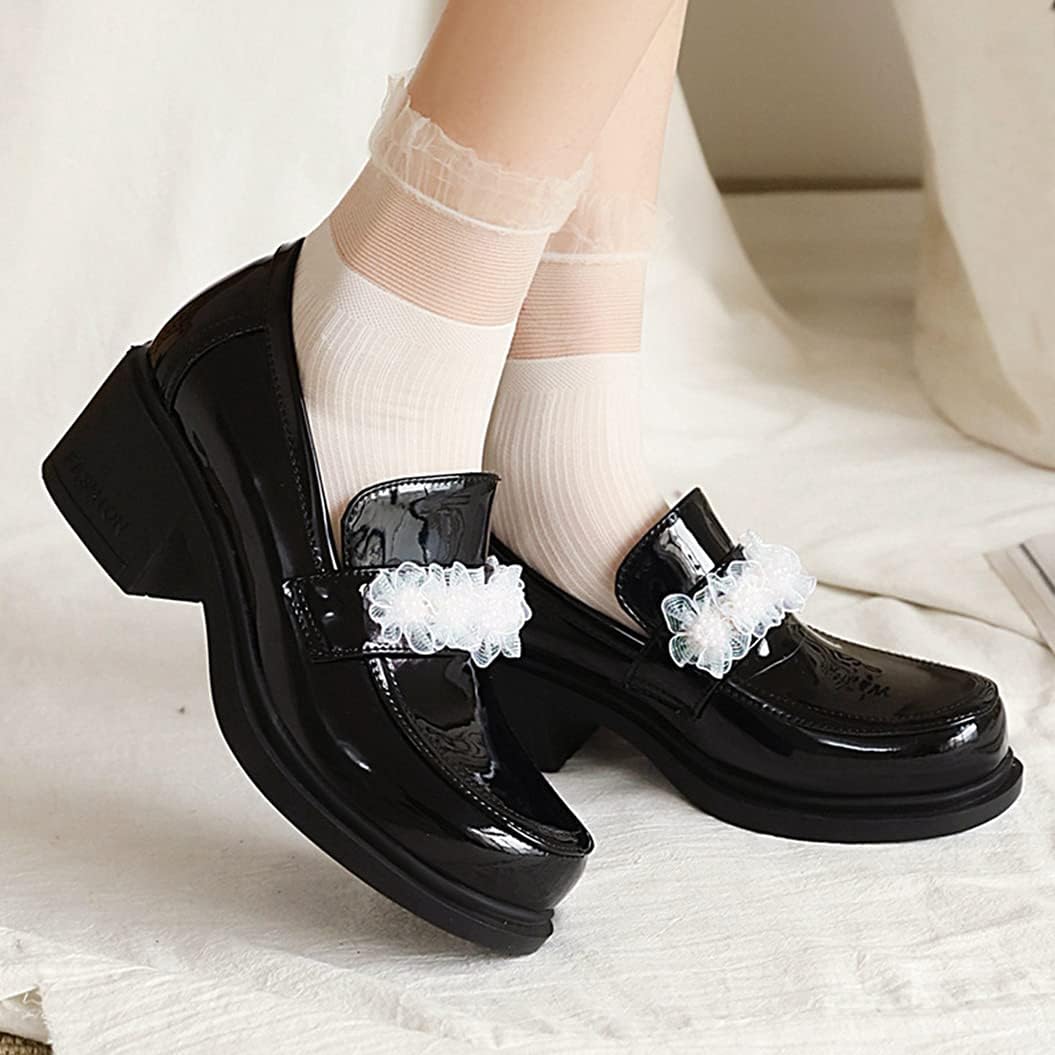 KIKIVIVI Womens Patent Leather Chunky Loafers Pumps Lace Uniform Dress Shoes
