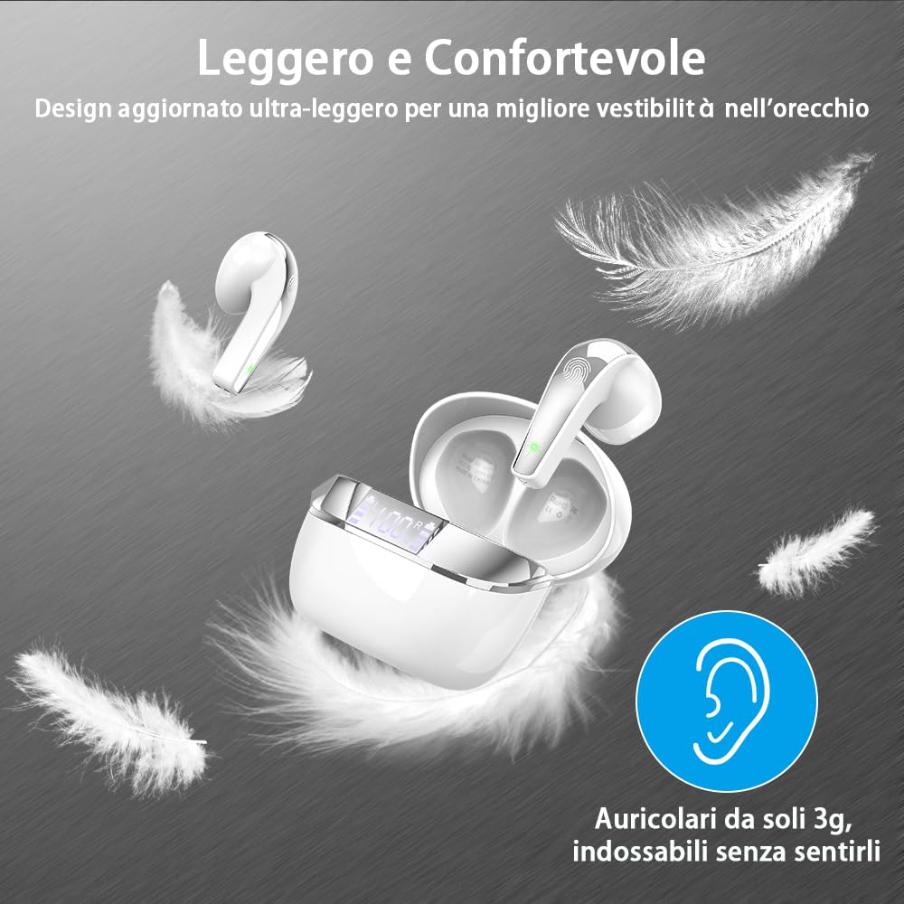 Doubc Cuffie Bluetooth 5.3, Auricolari Wireless con Audio Stereo HiFi, Cuffiette Senza Fili con 47 Ore di Autonomia, Display LED, ENC Riduzione Rumore, USB-C, Controllo Touch per Chiamate e Musica