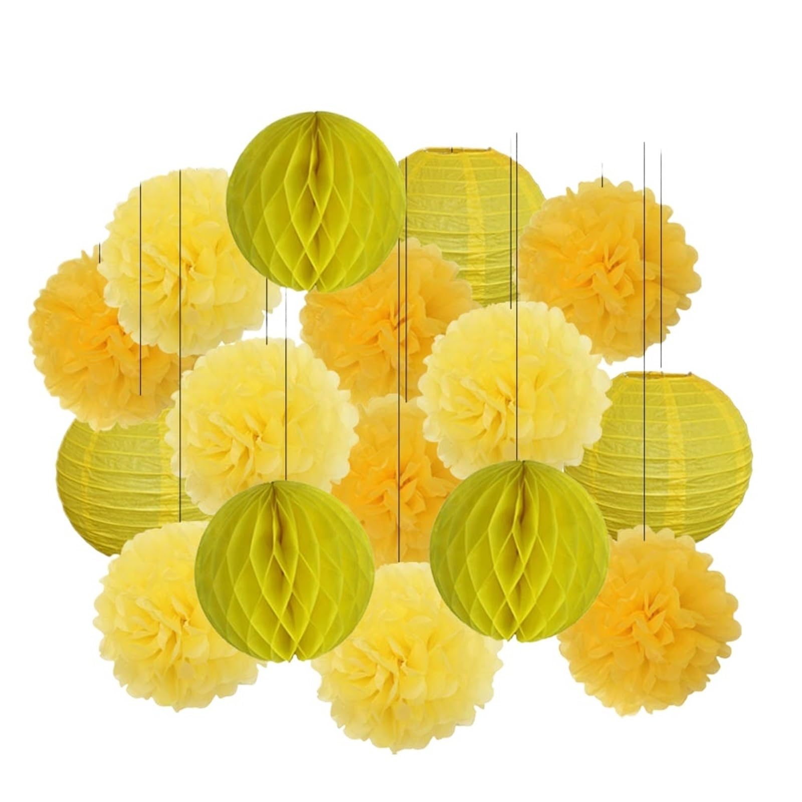 Paper Lanterns Boy Girl Birthday Party Favor Yellow Set Folding Round Paper Lantern Wedding Baptism Decor DIY Tissue Pompom(Yellow Set,8inch(20cm))