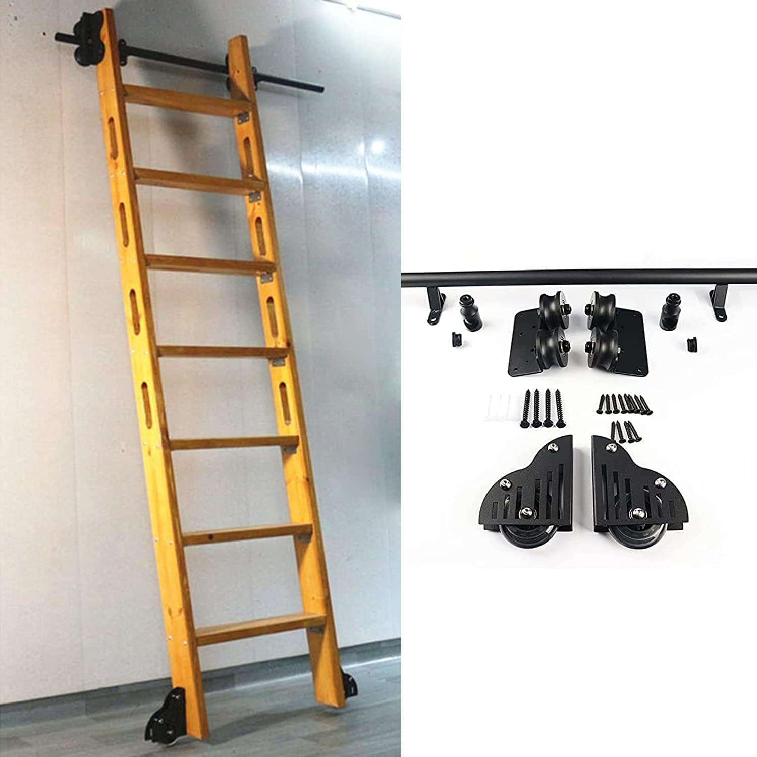 GHFXSCV 3.3ft-20ft Sliding Library Full Set Hardware Rolling Track, Rolling Ladder Hardware Library For Home/Indoor/Loft, Round Tube Mobile Ladder Track(No Ladder) (Size : 6.6ft/200cm Track Kit)
