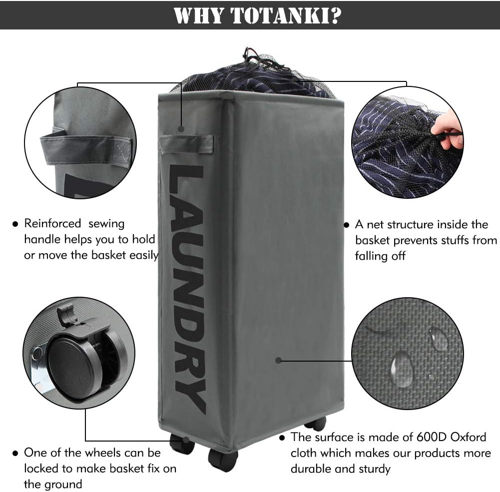 TOTANKI 22" Rolling Slim Laundry Basket with Handle on Wheels (4 Colors), Foldable Laundry Hamper, Collapsible Laundry Sorter and Organizer, Tall Storage Basket Bin (Dark Grey)