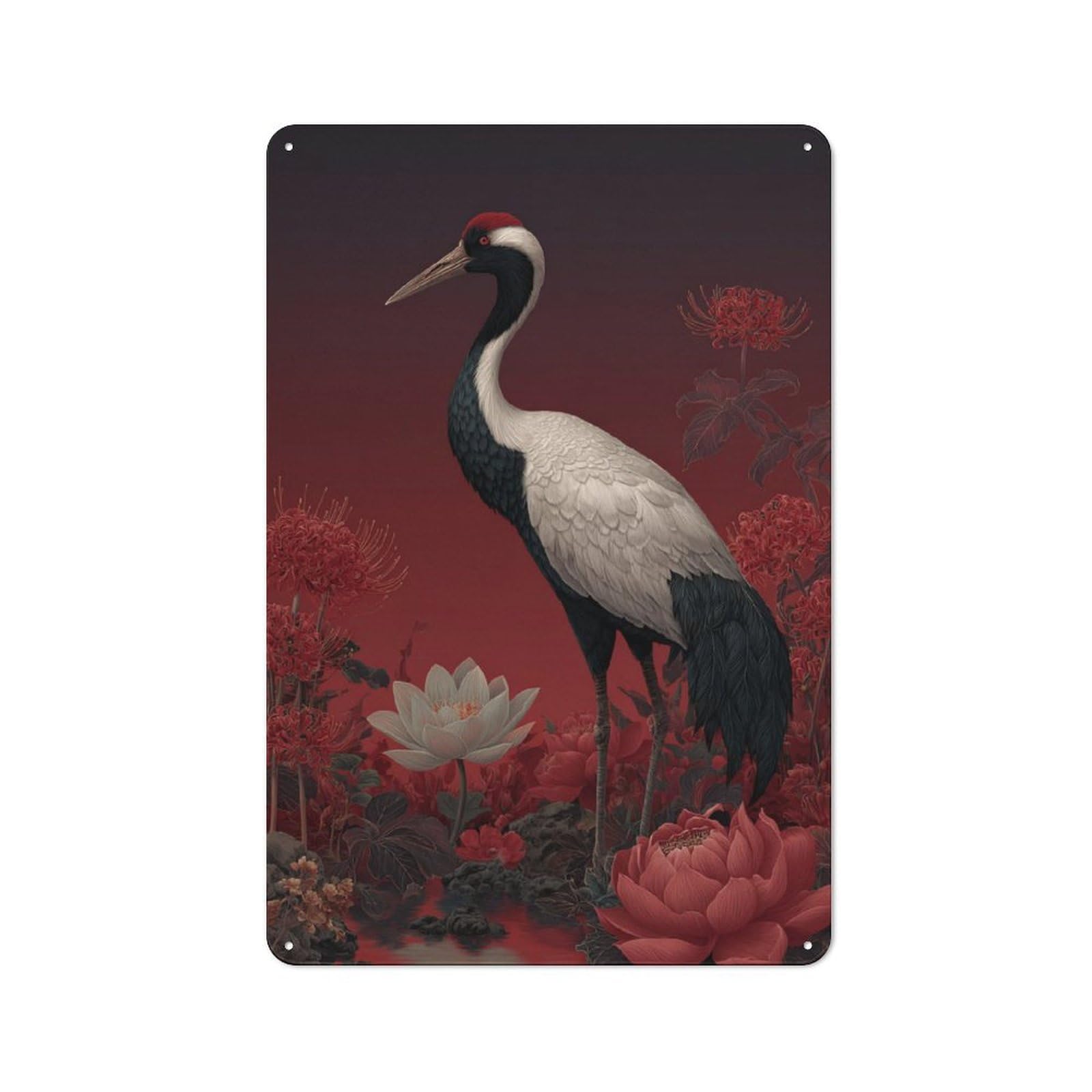 Junmoney Elegant Crane In Red Blossoms Rustic Tin Wall Plaque 30X20cm For Studio Or Craft Room, For Garage, Workshop And Man Cave Decoration