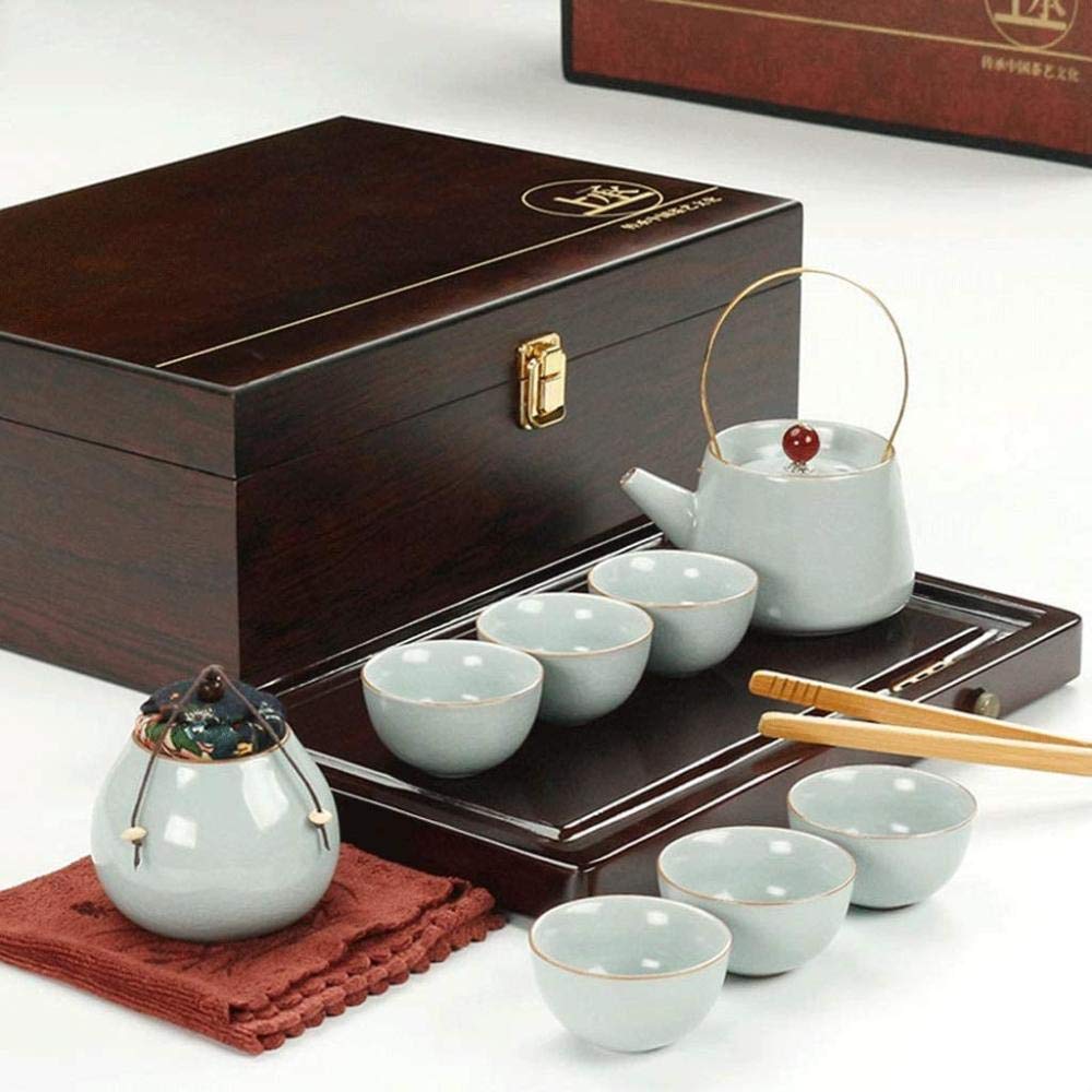 Service à thé chinois en céramique Kung Fu - Plateau à thé en bois massif - Coffret cadeau - A, B