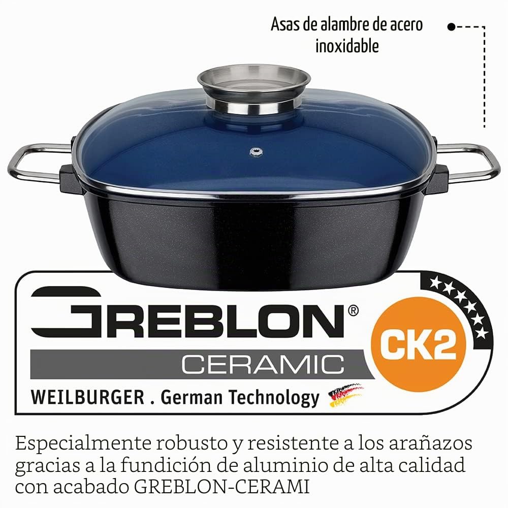 GSW 167413 Ceramica - Cacerola Cuadrada para inducción (28 x 28 x 8,5 cm, 5,0 L, Aluminio Fundido, 28 cm, 28 cm), Color Azul