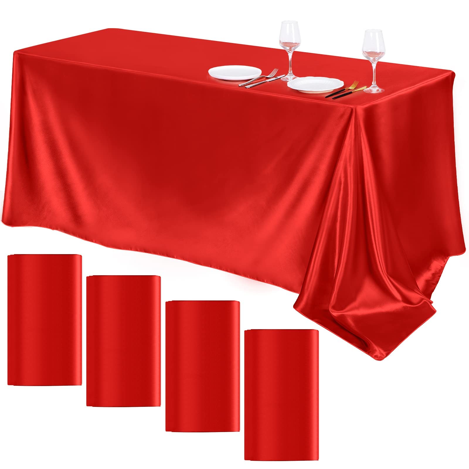 Photo 1 of TURSTIN 4 Packs Satin Tablecloth 102 x 58 Inch Overlay Satin Table Cover Rectangle Bright Silk Tablecloth Smooth Fabric Table Decoration for Wedding Banquet Party Events, Red