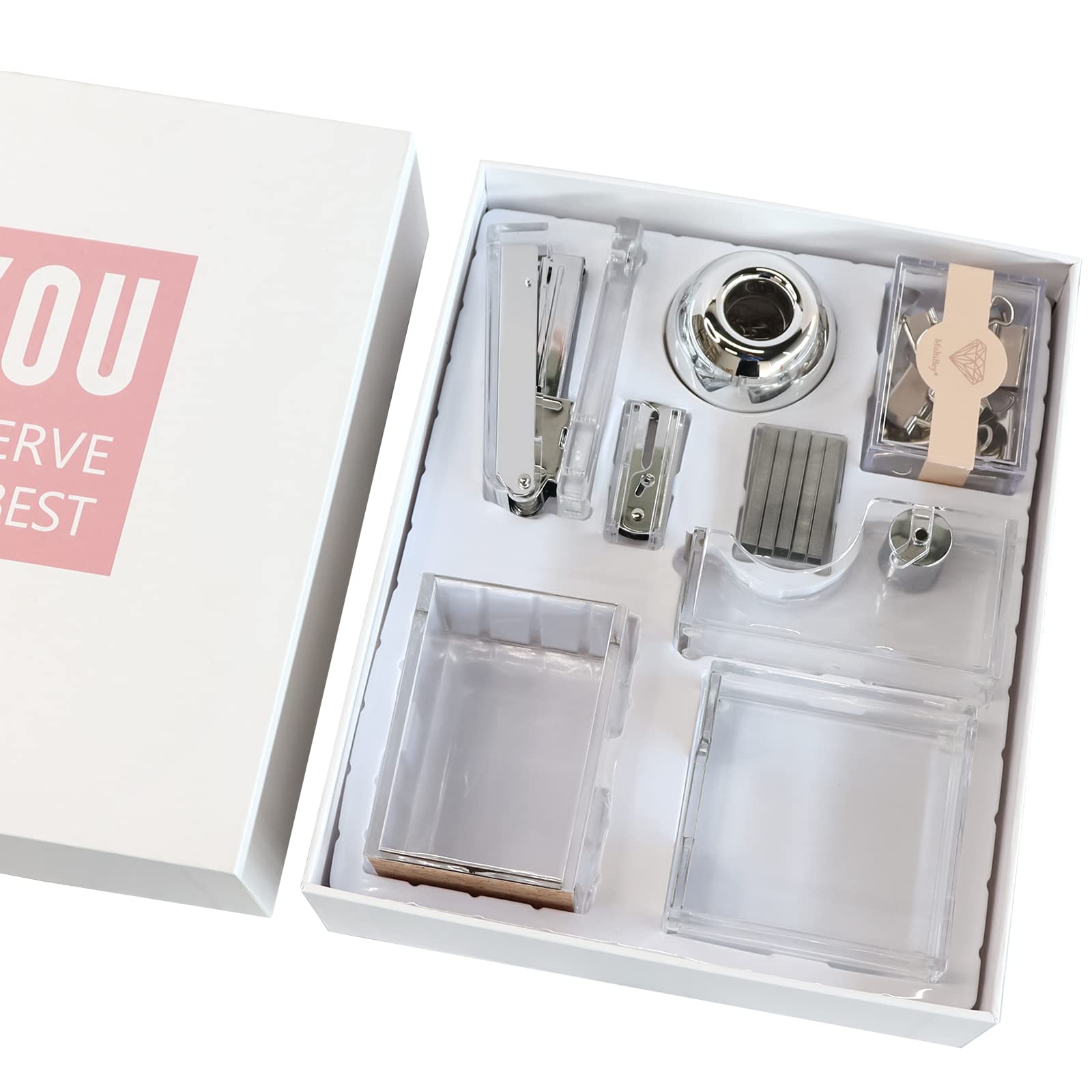 Buy Clear Acrylic Silver Office Desk Set, Stapler, Tape Dispenser, Pen