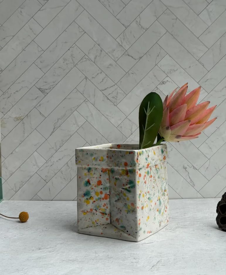 Ceramic Utensil Holder and Planter - Market Paper Bag Shaped Earthenware Crock for Kitchen Cooking Tools - Unique Flower Pot Decor