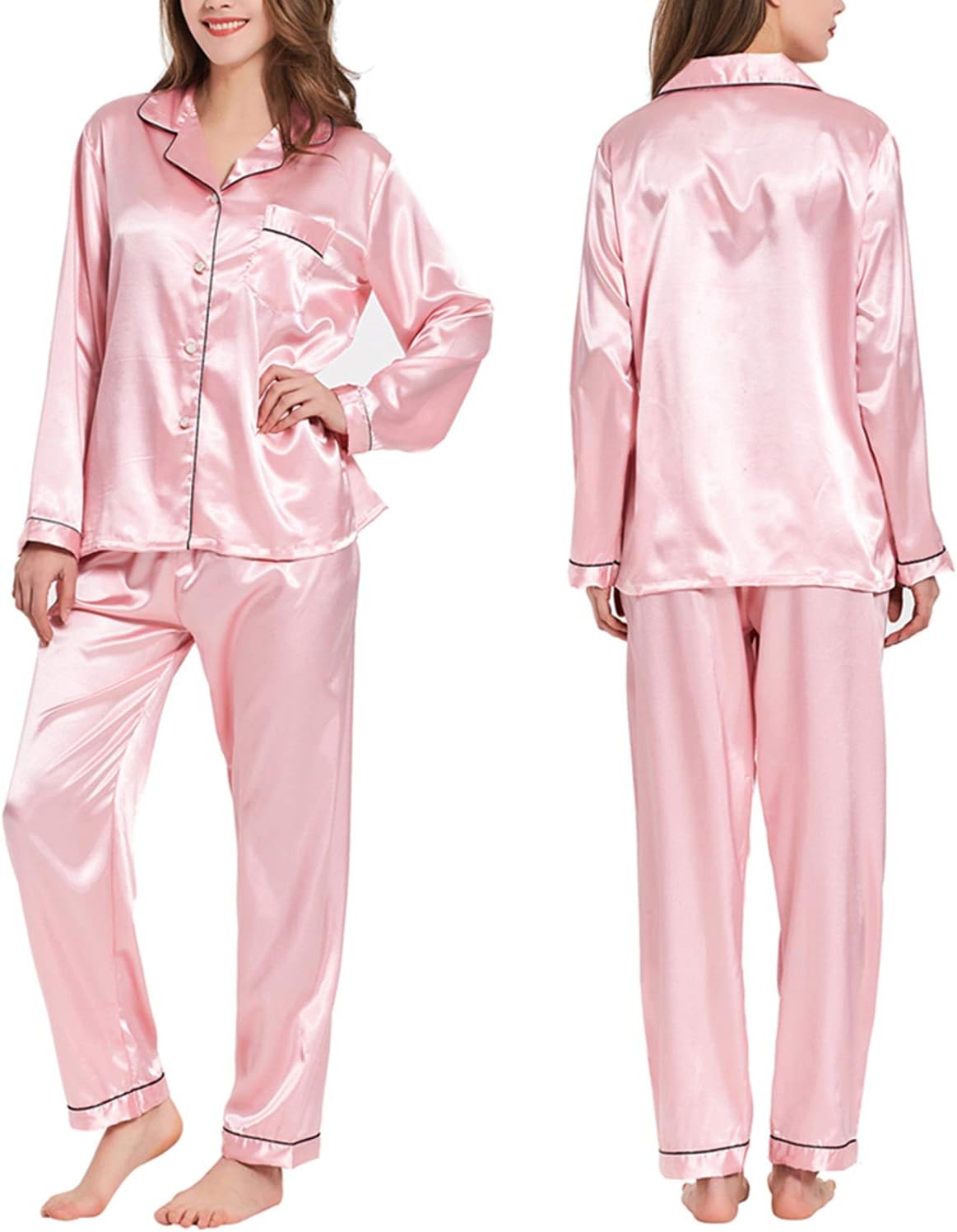 Silk Pajamas for Women,Long Sleeve Satin Pj Set Sleepwear Ladies Soft Button Down Nightwear Loungewear S~XL