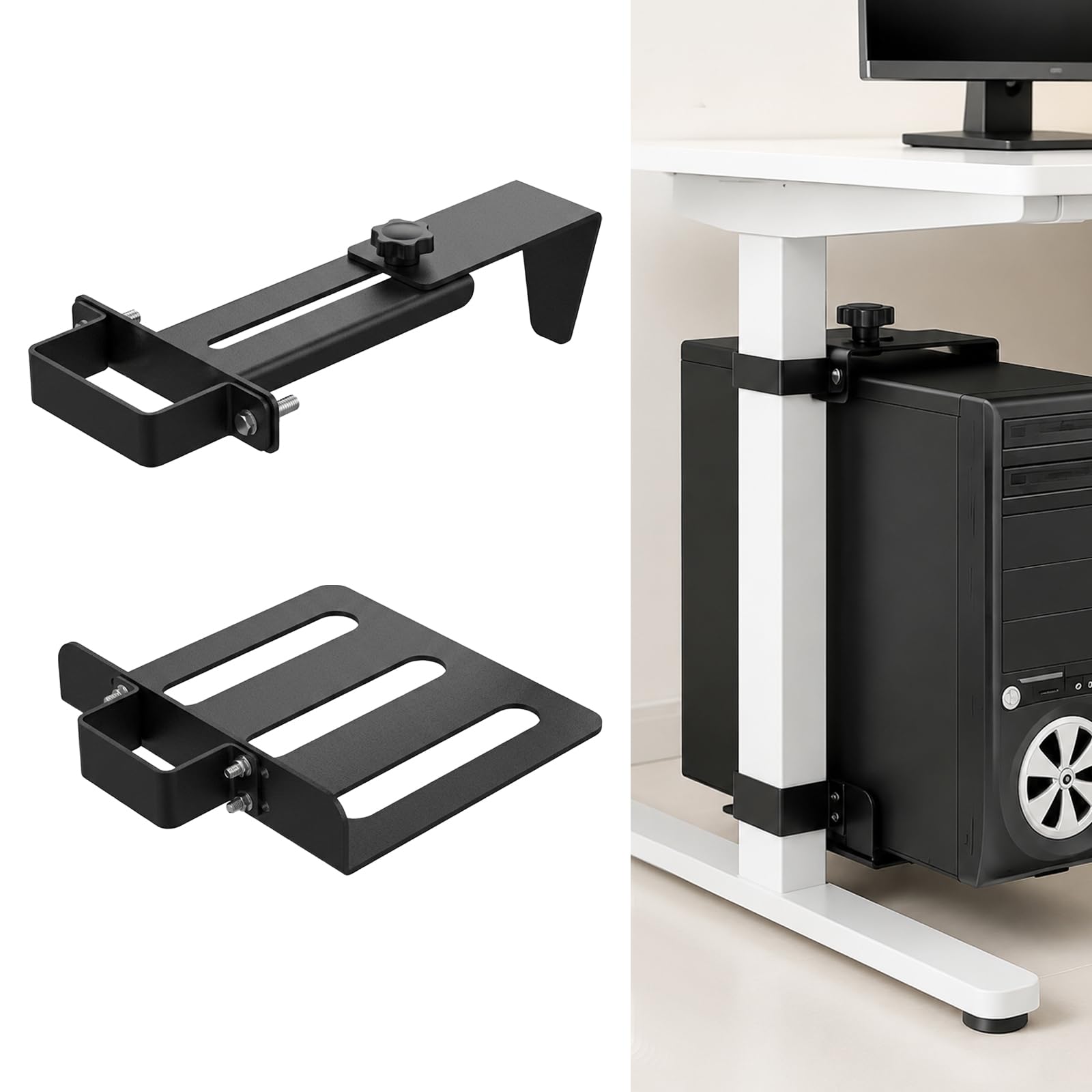 Supporto per PC da scrivania senza foratura, supporto per PC sotto la scrivania, portata 18 kg, regolabile in altezza e larghezza, ideale per ufficio, casa, aula, gamba del tavolo, 65 x 45 mm, nero