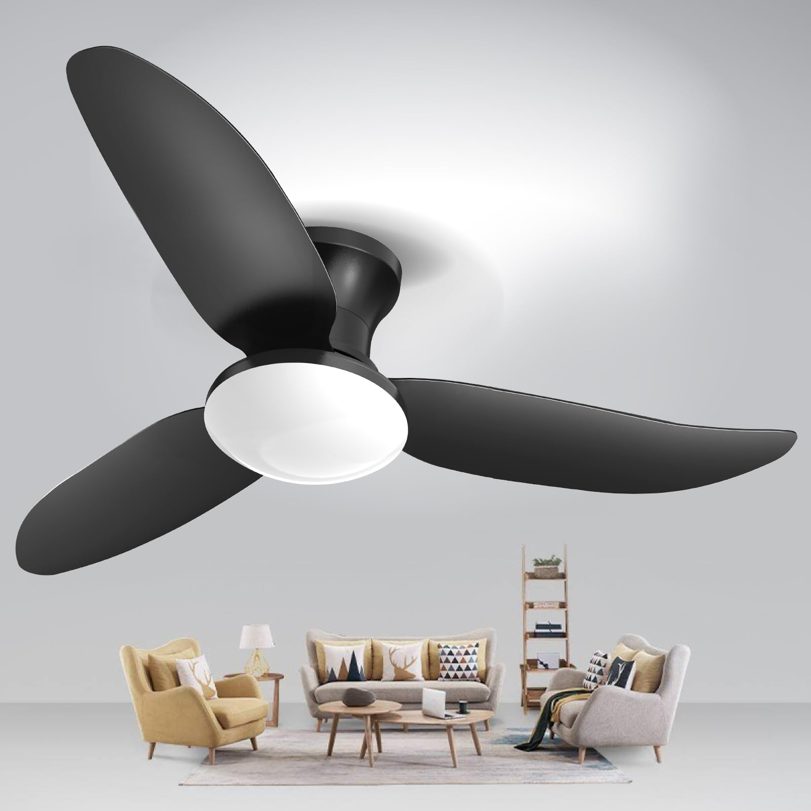 100cm Luz de Ventilador de Techo Negro con Mando a Distancia y APP Control, Temporizador, Infinitamente Variable, 3 Palas, 6 Velocidades, Ventiladores de Techo Ligeros para Dormitorio Salón