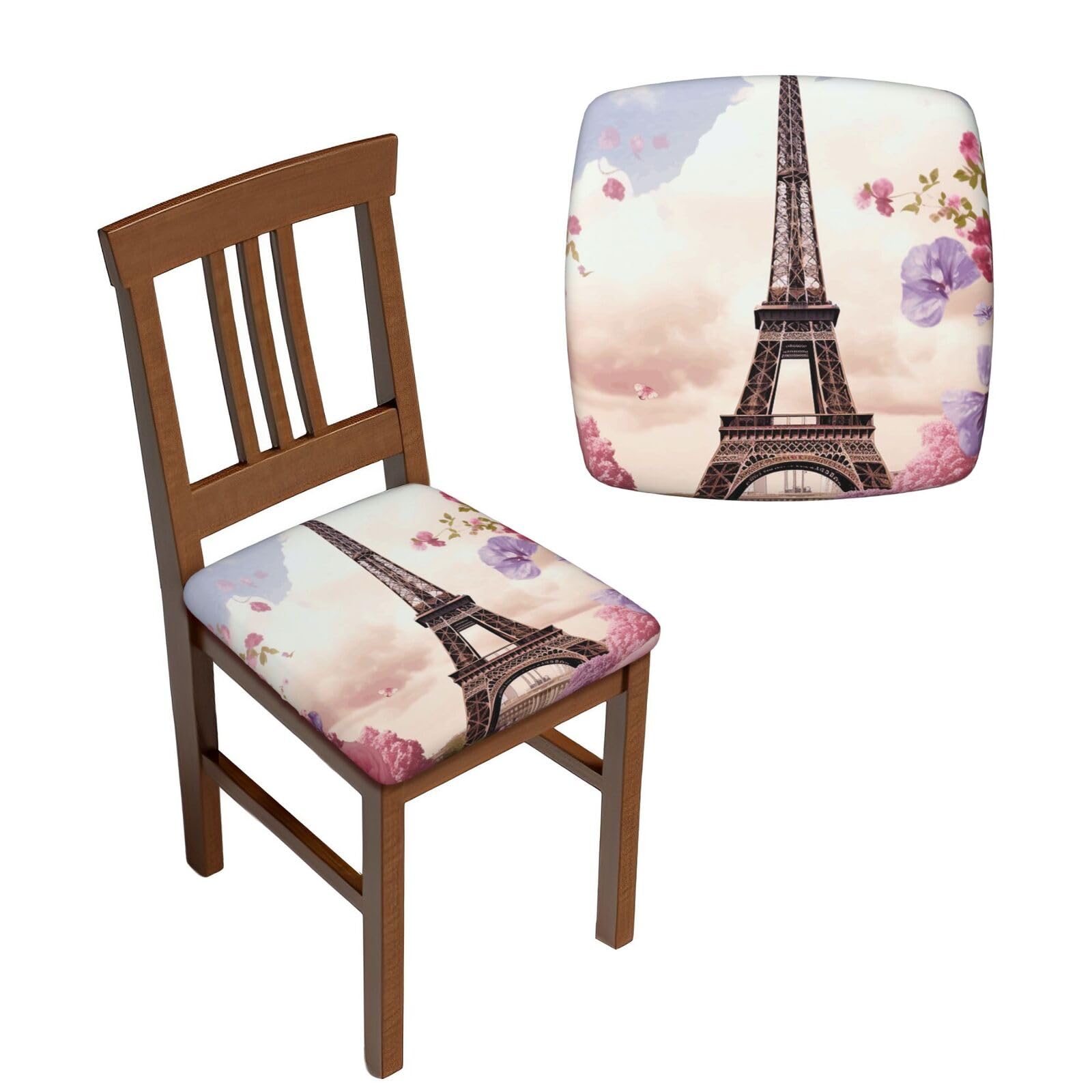 NONHAI 6PCS Dining Chair Seat Covers Set Eiffel Tower Spring Flowers Stretch Removable Chairs Covers Washable Seat Cushion Slipcovers Protector for Dining Room Kitchen Chairs