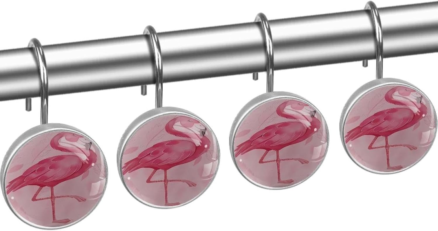 Pink Cute Flamingo Modern Art Boho Decorative Shower Curtain Hooks Rings Set of 12 Hooks for Shower Curtain Rustproof Curtain Rings for Bathroom