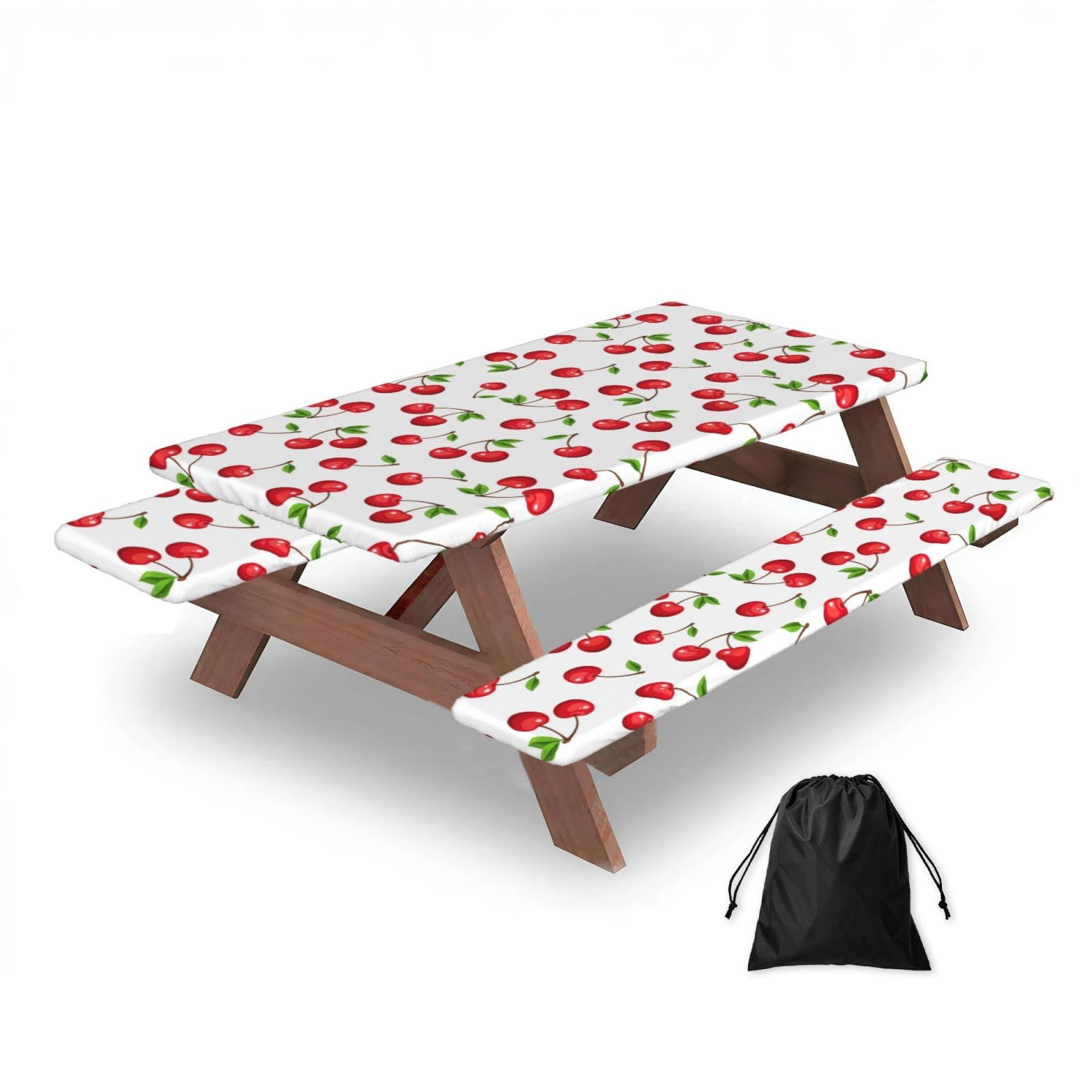 Dopklna As Picture Red Cherry Berries, Picnic Table Cover With Bench Covers -Waterproof Elastic Fitted Tablecloth For Garden Camping Patio 76X152cm