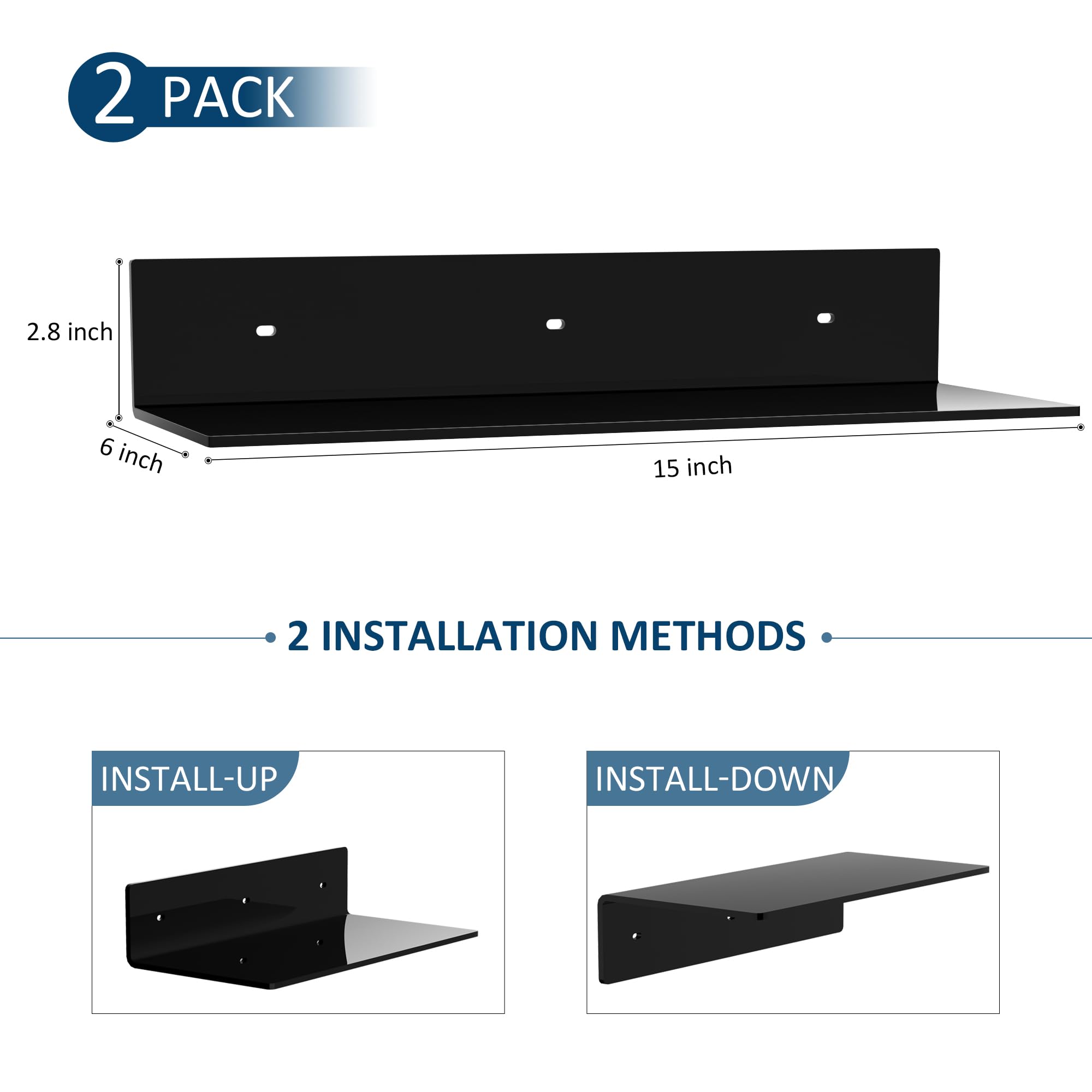 Sezanrpt 15 Inches Black Acrylic Wall Shelves 2 Pack, L Shape Floating Corner Shelf for Wall Décor, Model Car, Candle - Image 2