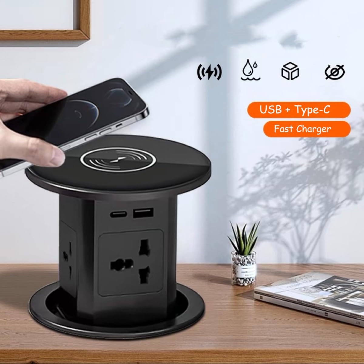 Gniazdko Pop-up, ukryty pasek prądu automatycznie z bezprzewodową ładowarką 15 W, 4 x 2,1 A gniazda USB AC i stacjami szybkiego ładowania PD 20 W typu C do