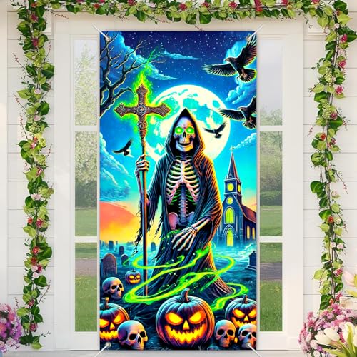 Image of BlissYard Halloween Door Cover Grim Reaper Cross 35x71 Inch Polyester | Door Banner, Wall Decor | Grim Reaper Entry Accent, Skeleton Backdrop | Porch, Hallway, Party (Gothic Art)